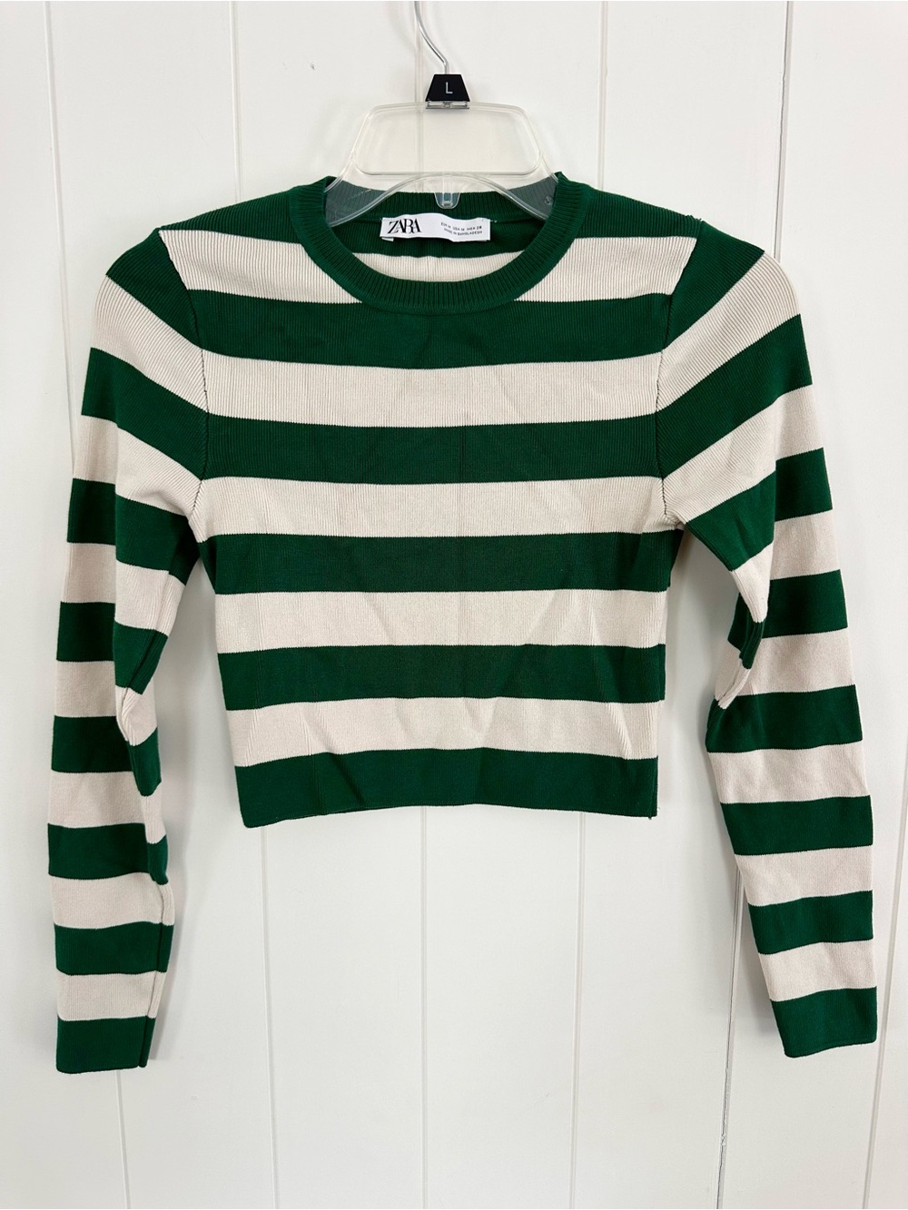Zara Green & Cream Striped Cropped Long-Sleeve Top